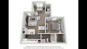 Una representación en 3D del plano de planta de The Camelia, un dormitorio y un baño