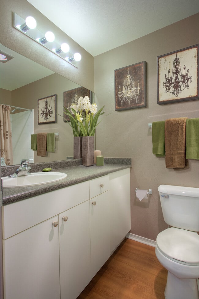 Classic Package II bath with laminate countertop, white cabinetry, and hard surface flooring