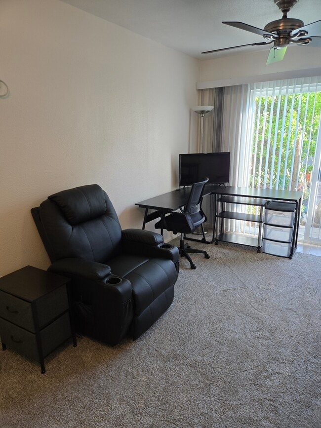 View from bed area into living room area.