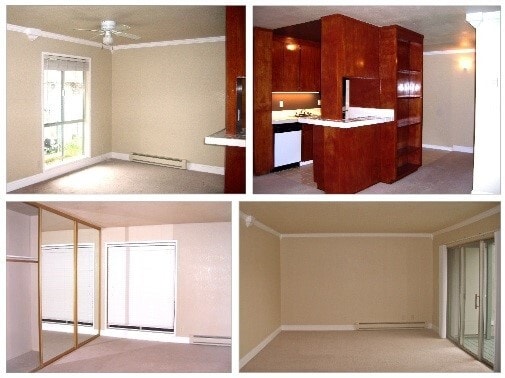 View of rooms: dining room, partial kitchen, living room, and first bedroom. - 1036 Oak Grove Rd Unit 32