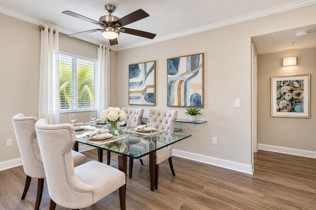 Embrace modern living at Sanctuary Cove Apartments with stylish interiors and spacious layouts. This inviting dining area features elegant decor and natural light, perfect for gatherings. Schedule your tour today and see it for yourself!
