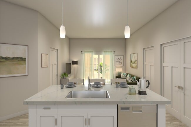 Flats at Sugar Run Delaware Ohio apartments showing a kitchen and dining area. - Flats at Sugar Run