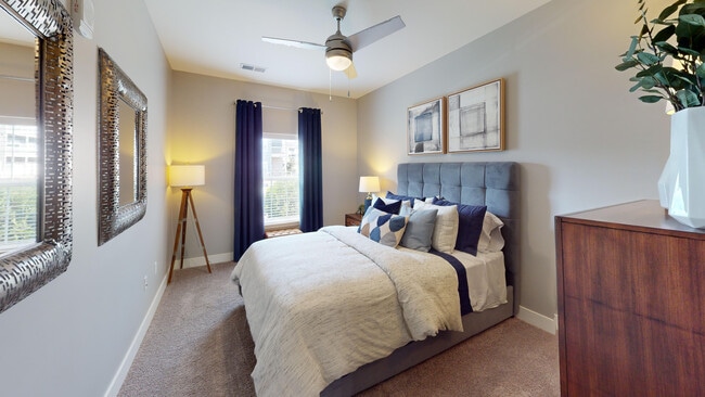 Union Chapel's primary bedroom is tucked away with a private hallway, walk-in closet, and en suite bathroom.