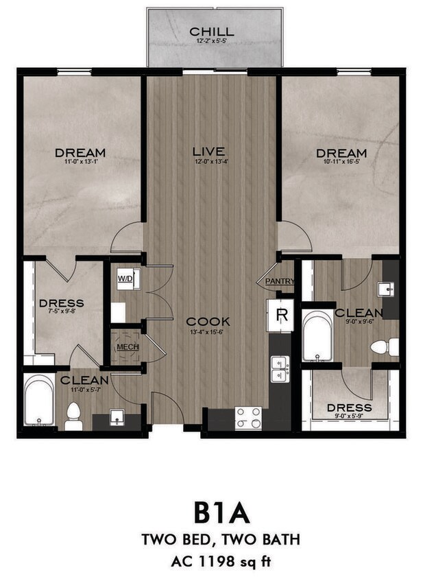 2 Bedroom 2 Bathroom floor plan - B1A