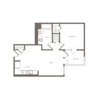 Modern floor plan showcasing 1 bedroom with a walk-in closet, open kitchen-living area, bathroom, and balcony.