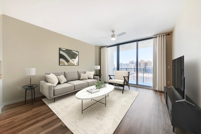 Tower Building - Renovated II living room with hard surface flooring