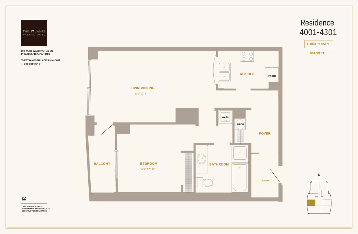 Modern apartment floor plan at The St James featuring 1 bedroom, 1 bath, spacious living/dining area, kitchen, and balcony in 914 sq ft. - 1 Bed 1 Bath A1C