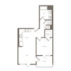 Modern apartment floor plan showcasing a cozy 1-bedroom with a walk-in closet, an inviting living and kitchen area, bathroom, washer/dryer setup, and a delightful balcony.