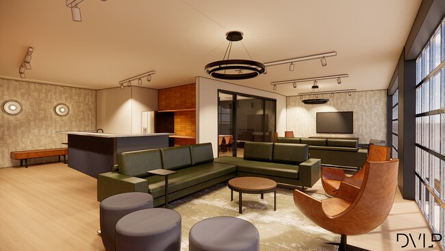 Moderno salón club de concepto abierto en la azotea con elegantes sofás seccionales verdes, elegantes sillas de cuero y amplias ventanas. - Bogen | Urban Chic Lofts