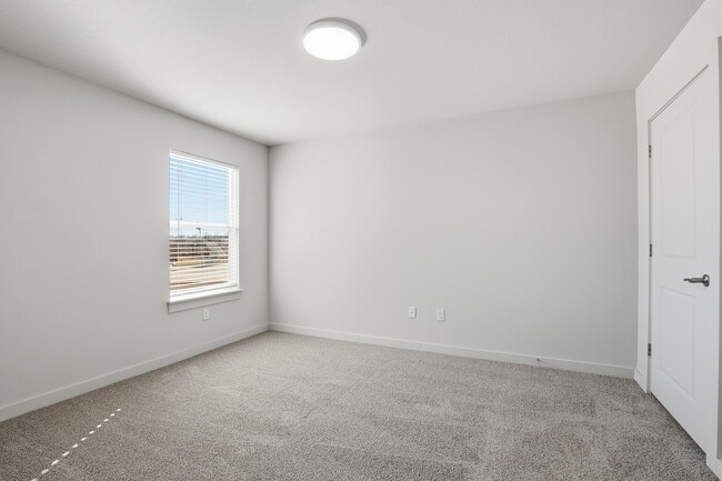 Bright and airy room with plush carpeting, large window allowing natural light, and modern white walls.