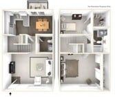 Modern 2D floor plan featuring an open-plan kitchen with dining area, spacious living room, two cozy bedrooms, and two bathrooms, ideal for comfortable living.