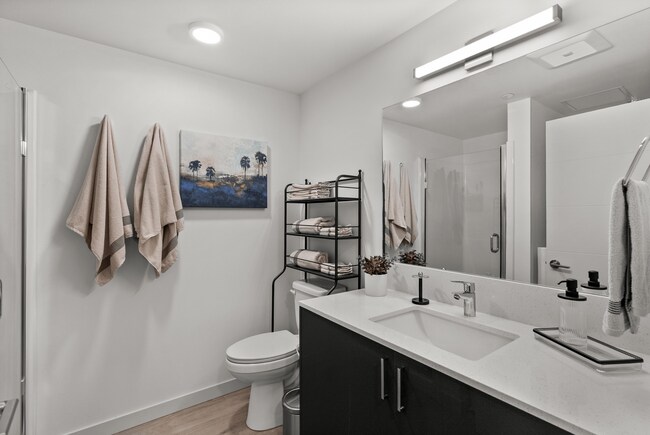 Bright, modern bathroom with sleek finishes and a walk-in shower.