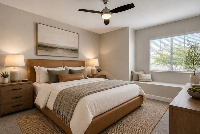 Step into tranquility in this inviting bedroom at Willowbrook. Featuring modern decor, a cozy ambiance, and ample natural light, it’s the perfect retreat for relaxation. Schedule your tour today to see your new home!