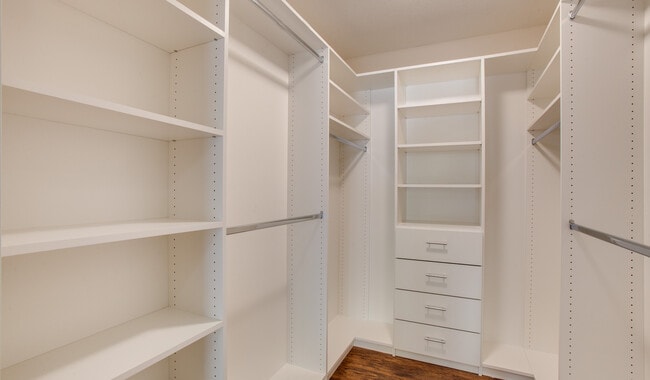 Spacious walk-in closet with built-in shelving and organization