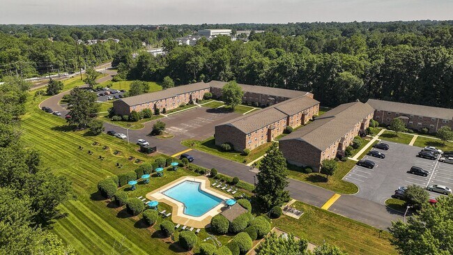 Aerial shot of Village Green and the pool
