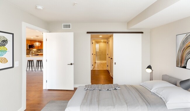 Bedroom features a sliding barn door