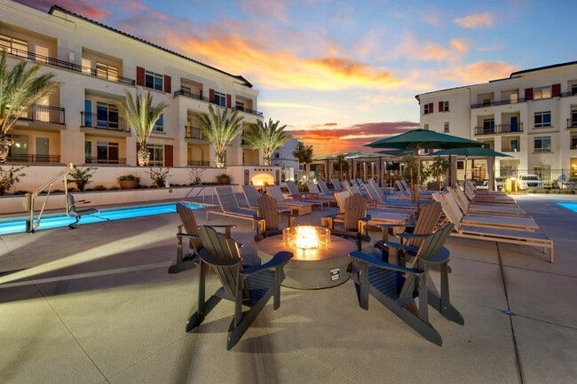 Poolside fire tables at Enclave Heritage Flats in Otay Ranch