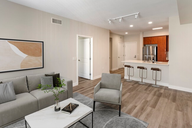 Renovated Package I kitchen, living and dining areas with hard surface flooring