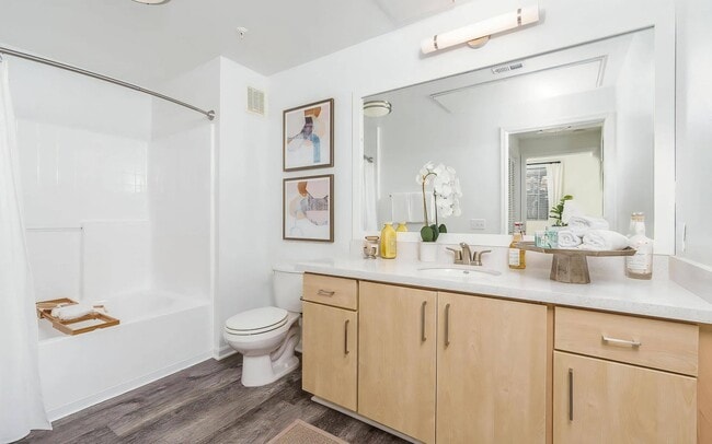 Modern Bathroom with Light Wood Vanity and Large Mirror