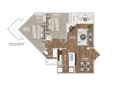 Two bedroom floor plan with shared bathroom and central living area