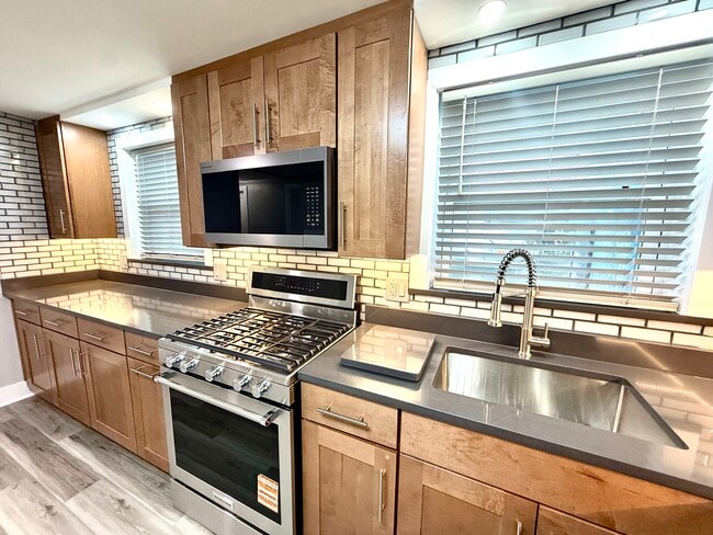 Plenty of counter space in quartz counters. Microwave vents outside. - 16W671 56th St Unit Garden