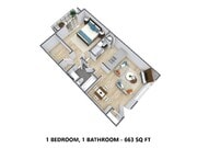 1 Bedroom, 1 Bathroom - 663 Square Feet
