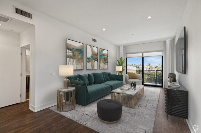 Living Room with Recessed Lighting, Vinyl Flooring, and Patio - Hudson Lux Rental