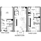 Modern three-story floor plan with 3 bedrooms, expansive living area, sleek kitchen, and 2-car garage.