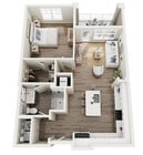 The Douro, 1/1, 915 SF | Modern 3D floor plan showcasing a spacious one-bedroom apartment with an open-plan kitchen, cozy living area, and private balcony.