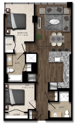 Floor Plan - 1 Bed/2 Bath Den-3E