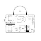 Charming floor plan featuring 2 cozy bedrooms, a spacious living/dining area, modern kitchen, and inviting deck.