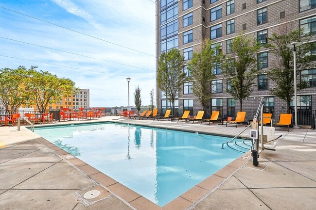 the swimming pool and deck chairs