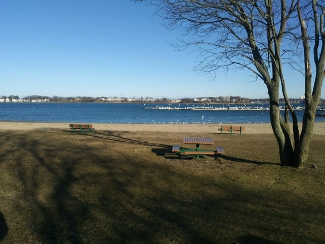Local beach on warm town river bay