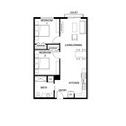 Chic 2-bedroom floor plan with open living and dining area, Juliet balcony, modern kitchen, and elegant bath.
