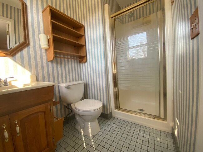 Full bath with stand-up shower off back bedroom. - 114 Hickory Hills Dr