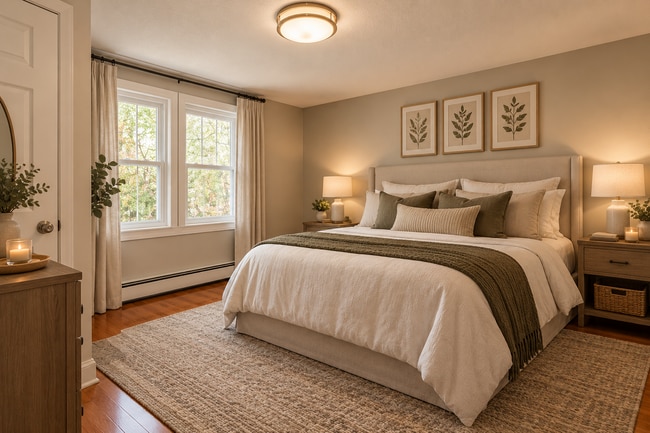 Beautifully staged bedroom showcasing a warm, inviting atmosphere with a comfortable layout.