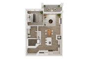 Explore the stylish layout of this urban one-bedroom apartment designed for modern living.