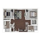 Contemporary 2D floor plan with 2 cozy bedrooms, sleek kitchen, and inviting living area featuring hardwood floors.