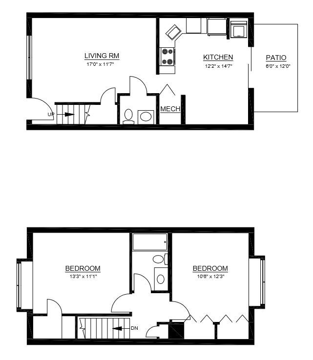 Floor Plan - B2 - 2 Bed 1.5 Bath Townhome