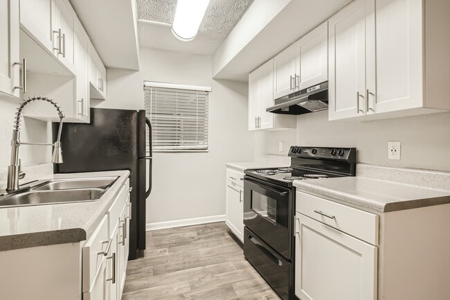 Modern kitchen with sleek black appliances and elegant white cabinetry.