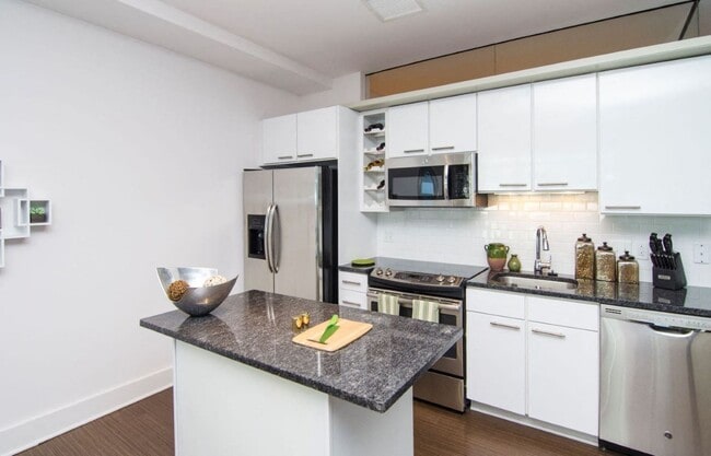 Renovated kitchen with granite countertops and stainless steel appliances - Lex and Leo at Waterfront Station