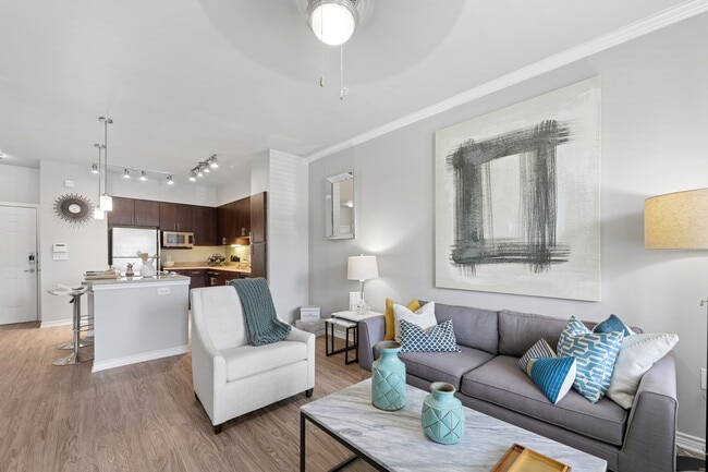 Kitchen and living room with hard surface flooring