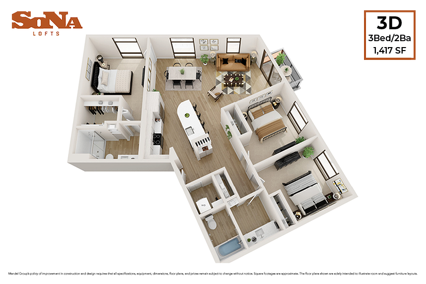 3 Bedroom 2 Bath - 3D