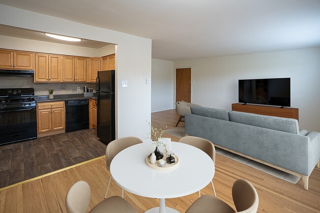 Kitchen leading into dining and living area
