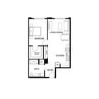 Modern 1-bedroom apartment floor plan featuring open living/dining area, spacious kitchen, walk-in closet, and convenient bathroom.