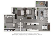Modern 2-bedroom apartment floor plan with an open living space, office space, stylish kitchen, and balcony.
