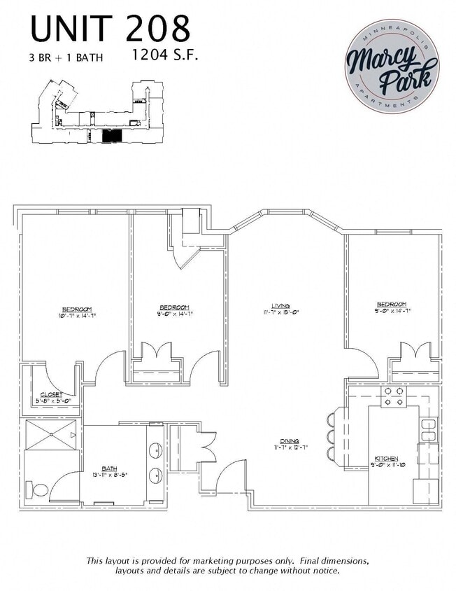 Floor Plan - 3 Bedroom 1 Bath (208)