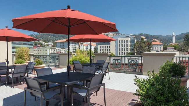 Outdoor seating on our rooftop deck with views of downtown and the Berkeley Hills