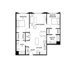 Elegant floor plan featuring a master bedroom, second bedroom, open living and dining area, modern kitchen, and two bathrooms.
