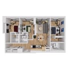 Modern 3-bedroom apartment floor plan featuring open living and dining area, sleek kitchen, and two bathrooms with contemporary design.